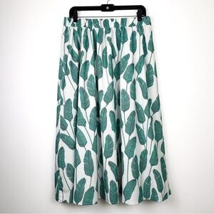 Tropical skirt white & green leaf print calf length skirt fits sizes large to XL